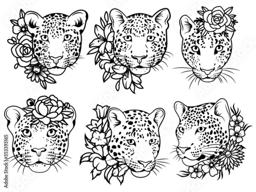 Set of leopards with floral wreaths. Collection of cute portraits of a predatory wild cat with natural accessories. Vector illustration of animals for children. Tattoos.