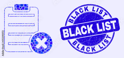 Geometric delete report page mosaic pictogram and Black List seal stamp. Blue vector round textured seal stamp with Black List caption. Abstract collage of delete report page created of sphere,