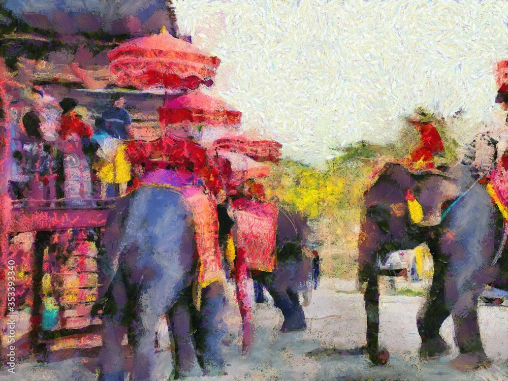 Fototapeta premium The Archaeological site in Ayutthaya Thailand world heritage Illustrations creates an impressionist style of painting.