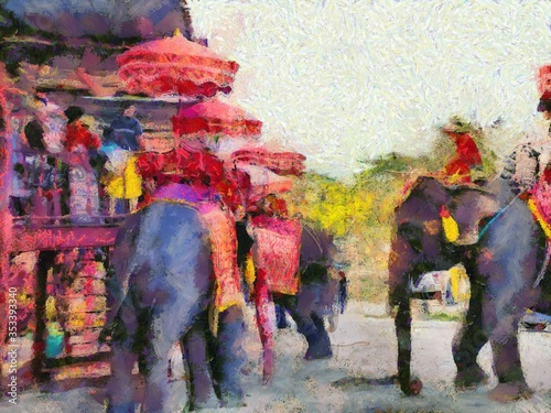 The Archaeological site in Ayutthaya Thailand world heritage Illustrations creates an impressionist style of painting. © Kittipong