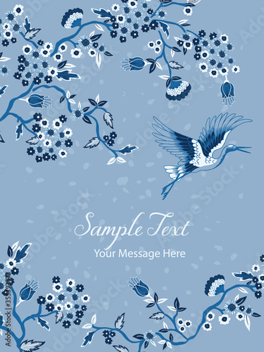 Classic Blue Crane Birds Vector Frame Card Background