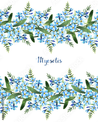 Watercolor illustration,myosotis,stems, flowers, leaves,card for you,handmade, spring flowers