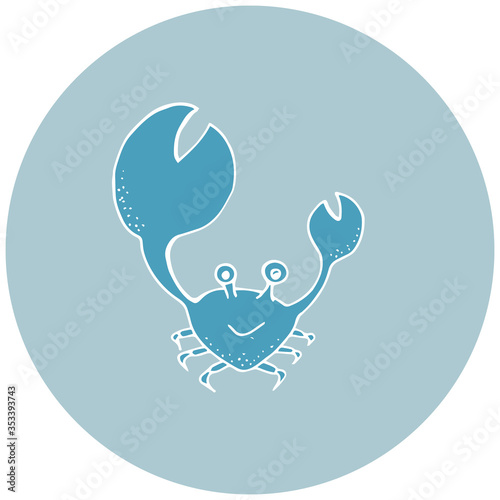 Blue silhouette of a large claw crab  on a blue background. Outline ocean animal illustration for nursery t shirt,kids apparel,party and baby shower invitation.Vector. Save ocean poster.Icon