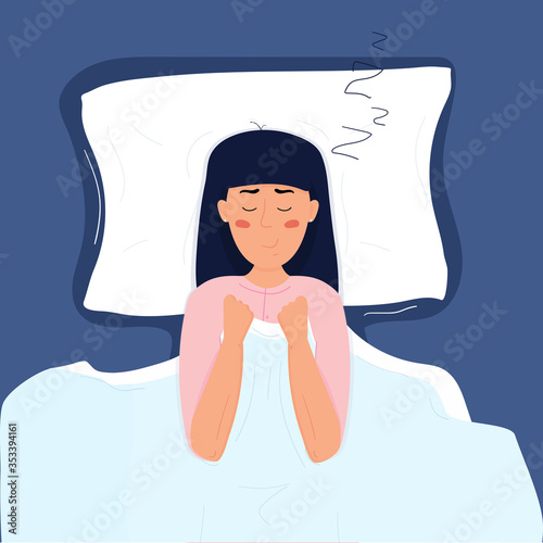 Beautiful cute young woman with dark hair in light pink pajamas sleep in her bed. Flat vector stock cartoon illustration on dark blue background.