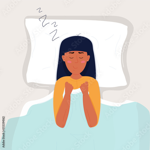 Beautiful cute young woman with dark hair in yellow pajamas sleep in her bed. Flat vector stock cartoon illustration on dark blue background.
