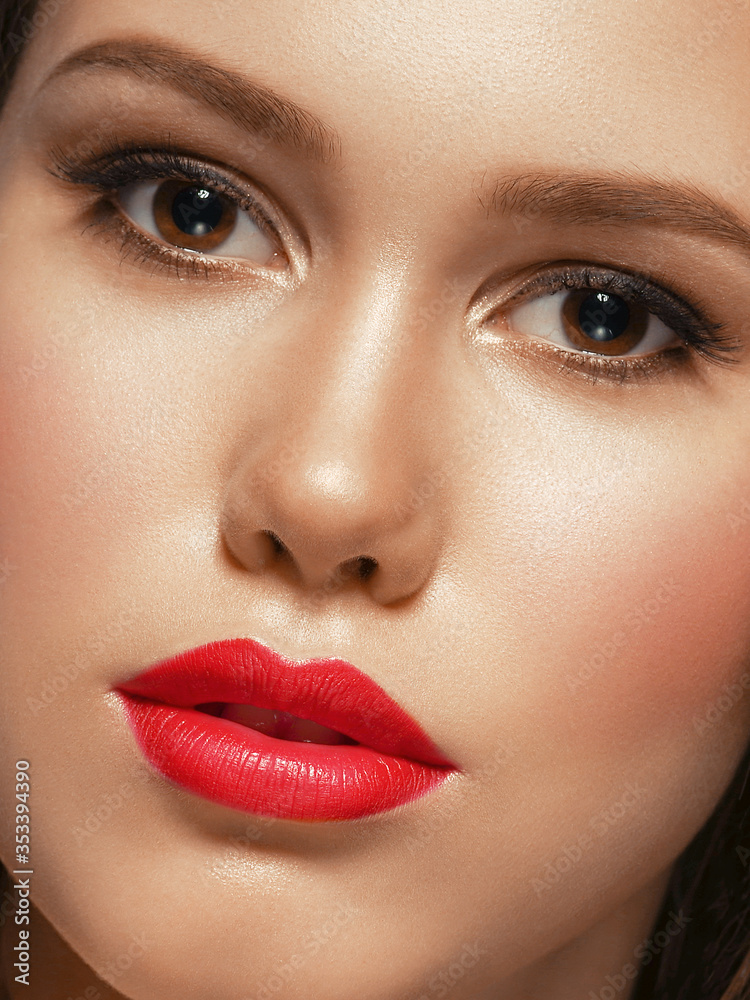 Fashion make up woman face red lipstick close up Fashion make up woman face red lipstick close up