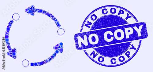 Geometric rotation arrows mosaic pictogram and No Copy stamp. Blue vector round distress stamp with No Copy caption. Abstract concept of rotation arrows created of round, tringle,
