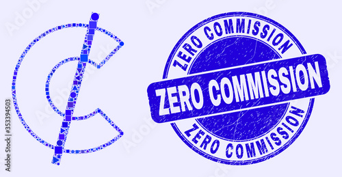 Geometric cent mosaic pictogram and Zero Commission stamp. Blue vector rounded textured seal stamp with Zero Commission title. Abstract mosaic of cent made of spheric, triangles,