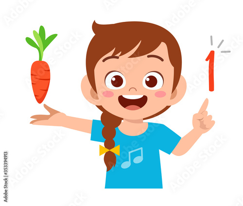 cute little kid girl study math number count vegetable
