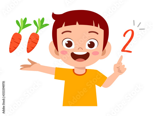 cute little kid boy study math number count vegetable