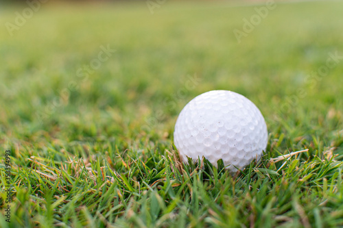 White golf ball sat in green grass with lots of space for text and images