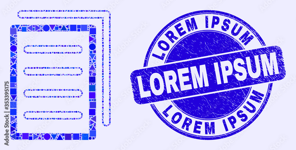 Obraz premium Geometric list page mosaic pictogram and Lorem Ipsum watermark. Blue vector rounded distress watermark with Lorem Ipsum phrase. Abstract mosaic of list page created of circle, triangles,