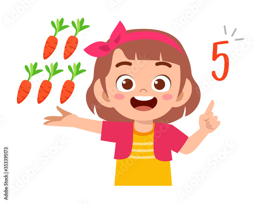 cute little kid girl study math number count vegetable