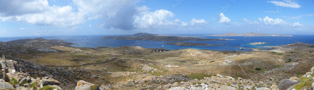 Panoramic view of Delos Island. One of the most important mythological, historical, and archaeological sites in Greece. Cyclades. Panoramic view of Delos Island. One of the most important mythological, historical, and archaeological sites in Greece. Cyclades.