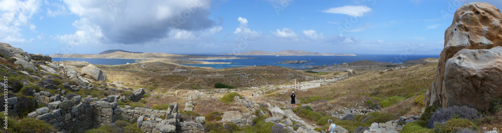 Panoramic view of Delos Island. One of the most important mythological, historical, and archaeological sites in Greece. Cyclades.