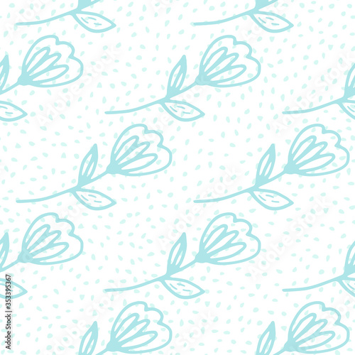 SImple blue flower seamless pattern in doodle style on white background. Cute floral endless wallpaper.