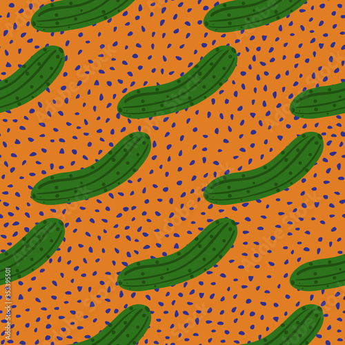 Doodle cucumber seamless pattern on dots background. Cucumbers vegetable endless wallpaper.