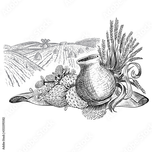 Sheaf of wheat, strawbery and jar of milk on field background. Vector illustration in sketch style isolated on white background