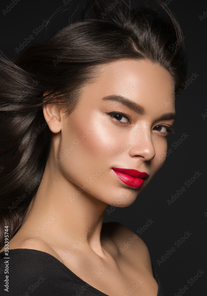 Asian woman face makeup red lipstick Asian woman face makeup red lipstick