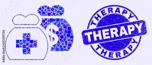 Geometric medical funds mosaic icon and Therapy watermark. Blue vector rounded grunge watermark with Therapy title. Abstract mosaic of medical funds designed of circle, tringle,