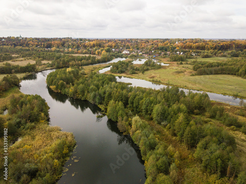 Aerial view of river Snov in autumn near village of Sednev, Ukraine.
