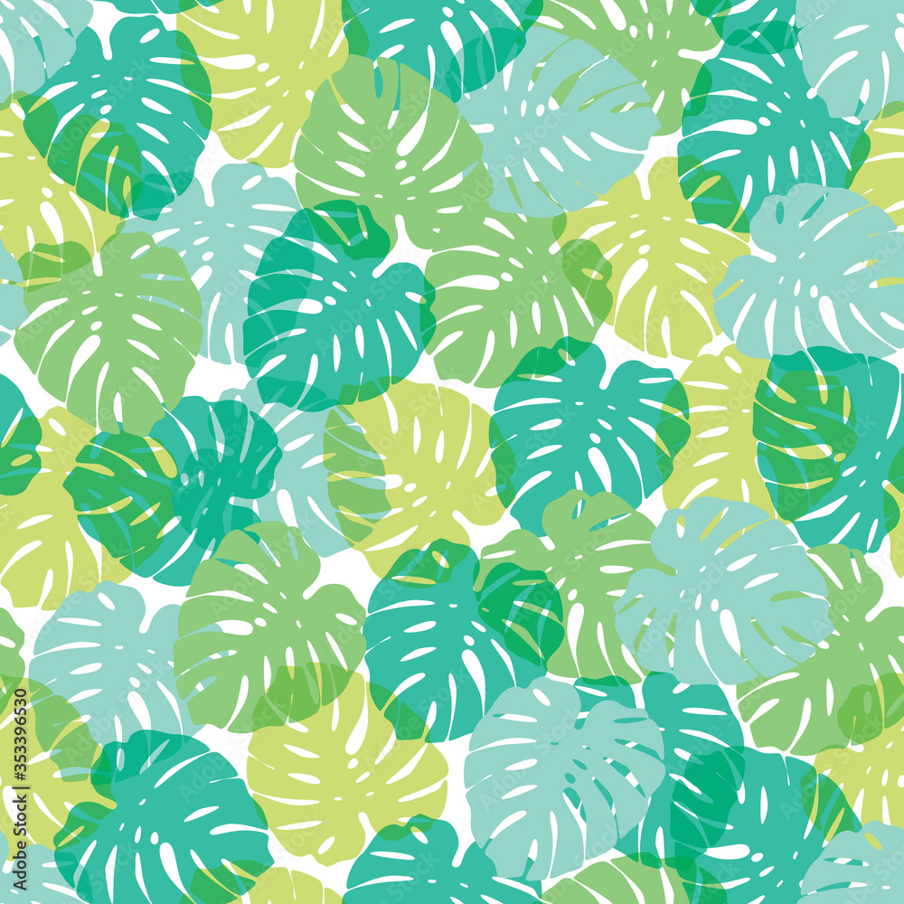 Fototapeta premium Cheese plant and palm exotic tropical monstera house plant leaves. Vector repeat pattern. Great for apparel, home decor, backgrounds, wallpaper.