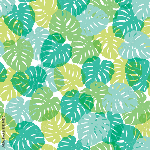 Cheese plant and palm exotic tropical monstera house plant leaves. Vector repeat pattern. Great for apparel, home decor, backgrounds, wallpaper.