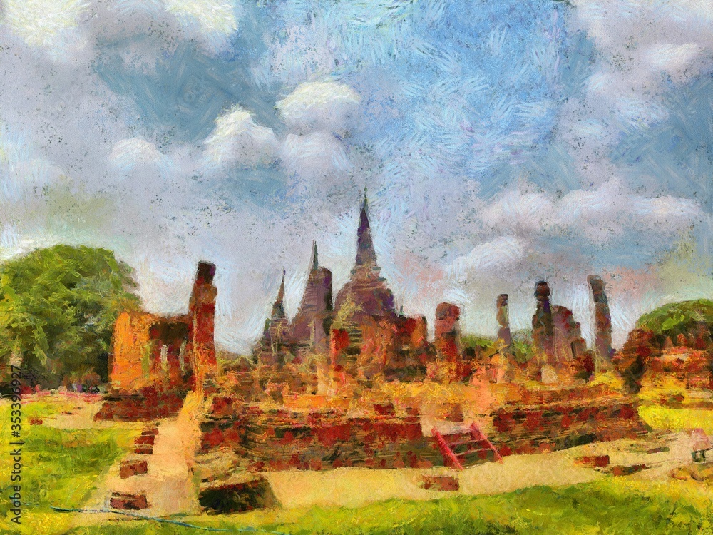 Obraz premium The Archaeological site in Ayutthaya Thailand world heritage Illustrations creates an impressionist style of painting.
