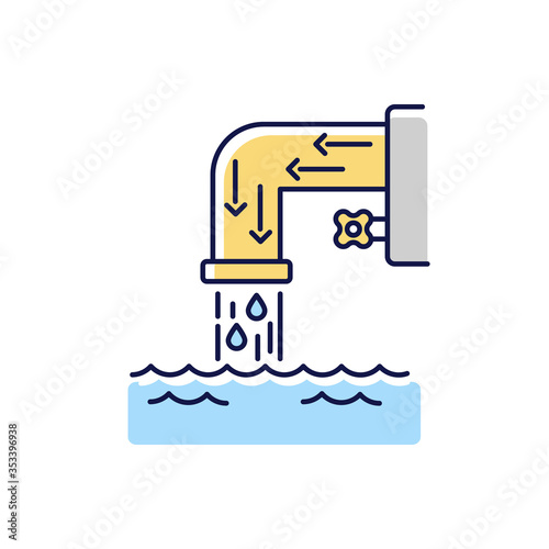 Drainage system RGB color icon. Steel pipe with flowing water. Environmental pollution from factory. Urban infrastructure. Dirty water flowing into tank. Isolated vector illustration