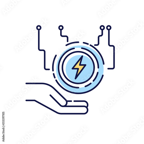 Electricity supply RGB color icon. Renewable power resource. Industrial technology innovation. Electronic circuit system. Source generation and transmission. Isolated vector illustration