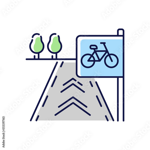Bicycle lane RGB color icon. Path to exercise on bike. Pedestrian street. Urban road for fitness activity. Sidewalk for pedal vehicle. City infrastructure. Isolated vector illustration