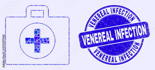 Geometric medical case mosaic icon and Venereal Infection seal stamp. Blue vector round distress stamp with Venereal Infection title. Abstract mosaic of medical case created of round, triangles,