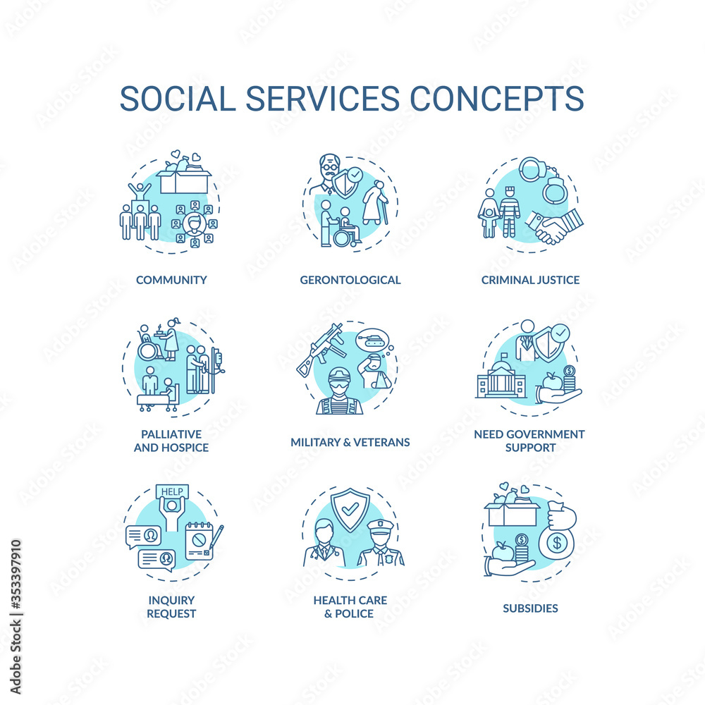 Social services turquoise concept icons set. Criminal justice. People support organizations idea thin line RGB color illustrations. Vector isolated outline drawings. Editable stroke