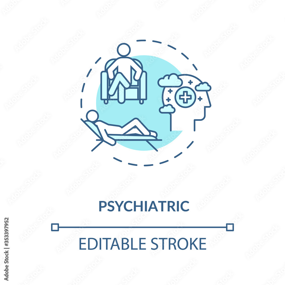 Psychiatric help concept icon. Depression and anxiety treatment. Psychotherapy idea thin line illustration. Psychologist counseling. Vector isolated outline RGB color drawing. Editable stroke