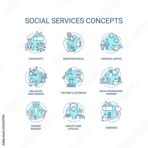 Social services turquoise concept icons set. Criminal justice. People support organizations idea thin line RGB color illustrations. Vector isolated outline drawings. Editable stroke