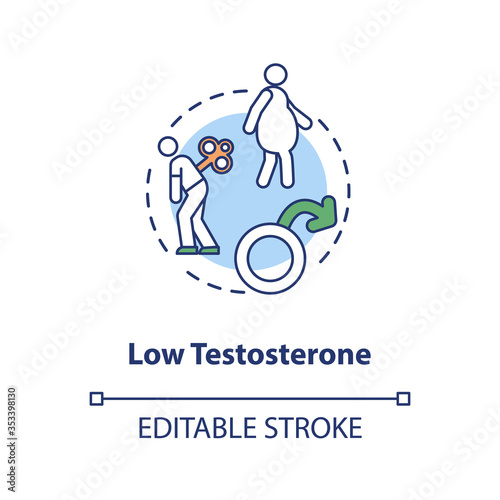 Low testosterone concept icon. Mens healthcare problem, male illness idea thin line illustration. Hormonal disorder, sexual dysfunction. Vector isolated outline RGB color drawing. Editable stroke