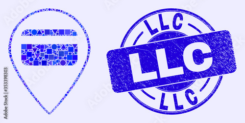 Geometric bank card pointer mosaic pictogram and Llc seal. Blue vector round grunge seal with Llc title. Abstract mosaic of bank card pointer constructed of round, triangles, square geometric items.