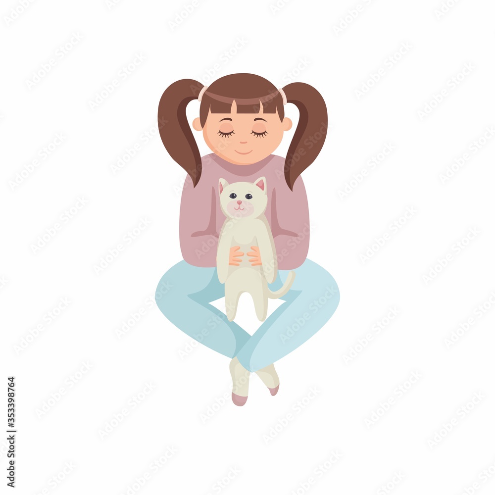 Little girl sitting on floor with crossed legs and playing with cat. Child holding white kitten on hands. Girl showing her domestic animal. Kindness to pets. Colorful cartoon characters Little girl sitting on floor with crossed legs and playing with cat. Child holding white kitten on hands. Girl showing her domestic animal. Kindness to pets. Colorful cartoon characters