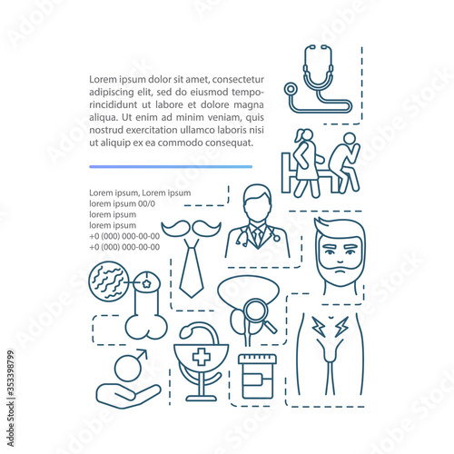 Sexual dysfunction concept icon with text. Male health problems, prostatitis, impotency. PPT page vector template. Brochure, magazine, booklet design element with linear illustrations
