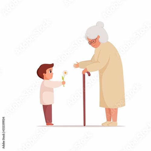 Little boy giving a flower to grandma. Grandson and grandmother spending time together. Act of kindness to an elderly woman. Female and child isolated cartoon characters. Vector illustration