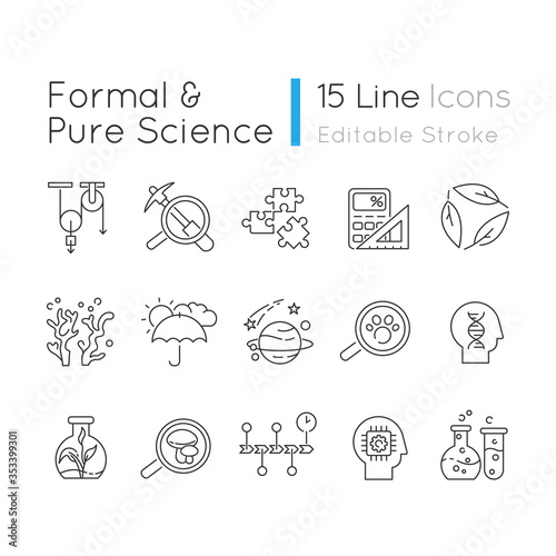 Formal and pure science pixel perfect linear icons set. Different scientific disciplines, fields of study customizable thin line contour symbols. Isolated vector outline illustrations. Editable stroke