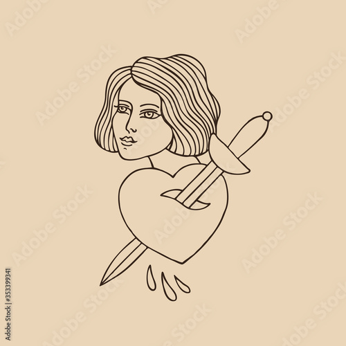 girl illustration traditional tattoo flash