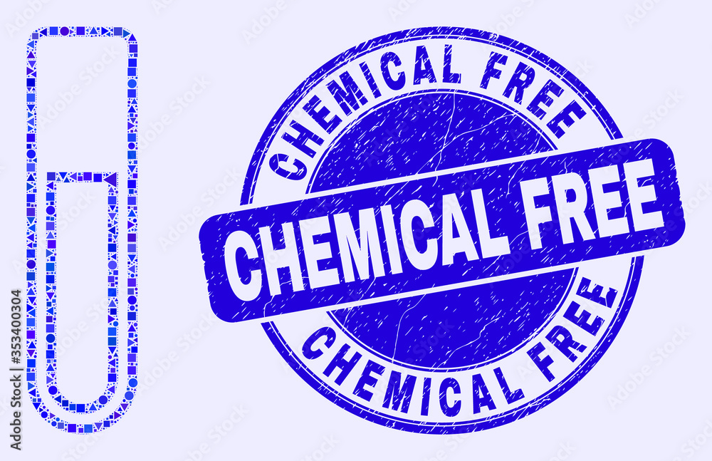 Geometric test-tube mosaic pictogram and Chemical Free seal. Blue vector rounded grunge seal stamp with Chemical Free title. Abstract collage of test-tube made of round, triangles, Geometric test-tube mosaic pictogram and Chemical Free seal. Blue vector rounded grunge seal stamp with Chemical Free title. Abstract collage of test-tube made of round, triangles,