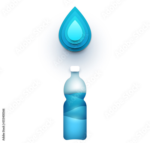 Bottle with blue clear mineral water and falling drop on white background. Abstract art composition in modern geometric style. Minialistic concept design template for branding. Vector illustration.