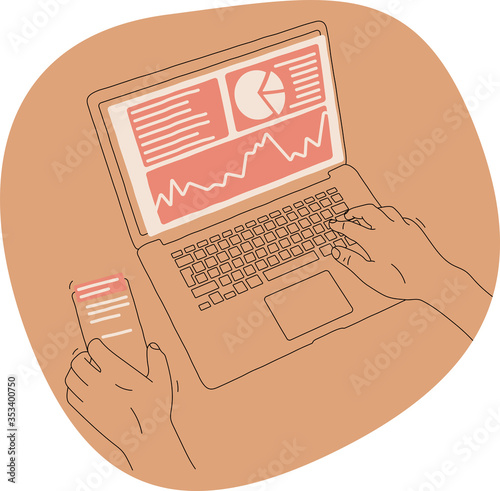 Person trying to work at home during quarantine but there is an alert on the phone of something important. Text banner on the screen. Cartoon style simple line art vector illustration