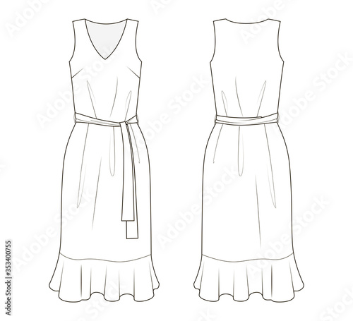 Fashion illustration of sleeveless dress. Technical drawing dress