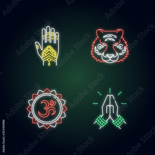Indian culture neon light icons set. Mehndi. Henna drawings. Bengal tiger. National animal. Om sacred sound. Namaste gesture. Signs with outer glowing effect. Vector isolated RGB color illustrations