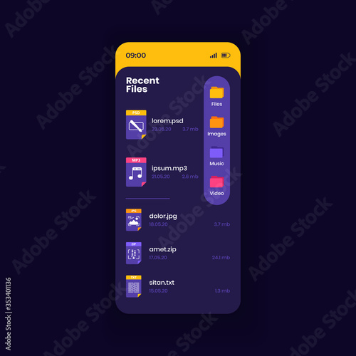 Recently opened files list smartphone interface vector template. Device management app page dark design layout. Browsing results screen. Flat UI for application. Folders and files on phone display