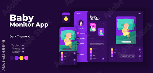 Childcare app screen vector adaptive design template. Baby monitoring application night mode interface with flat characters. Remote nursing service. Smartphone, tablet, smart watch cartoon UI