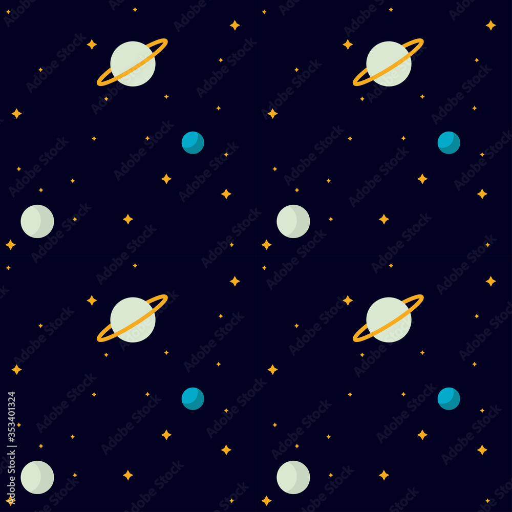 Flat design: space and planet concept.  Cute template with planets and Stars in space. Seamless pattern background.